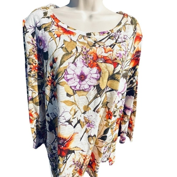 CHICO'S Cotton Blend Slun Tee Floral Botanical 3/4 Sleeve Tee Sz medium - Picture 8 of 8